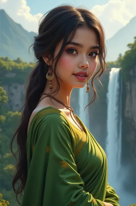 A dreamy art of a beautiful  girl,age 20 fair complexion,round puffy face shape, brown eyes with smokey makeup,pink lips,bit defined nose,has black mole under the left chin ,wears a green colour designer saree , background is mountain and waterfall 