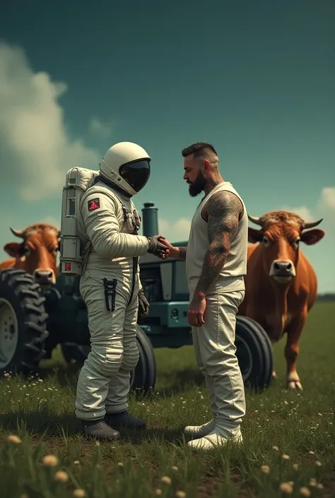 Astronaut and men Tatto artist soiling in the space background tractor and 2 bulls, green farm