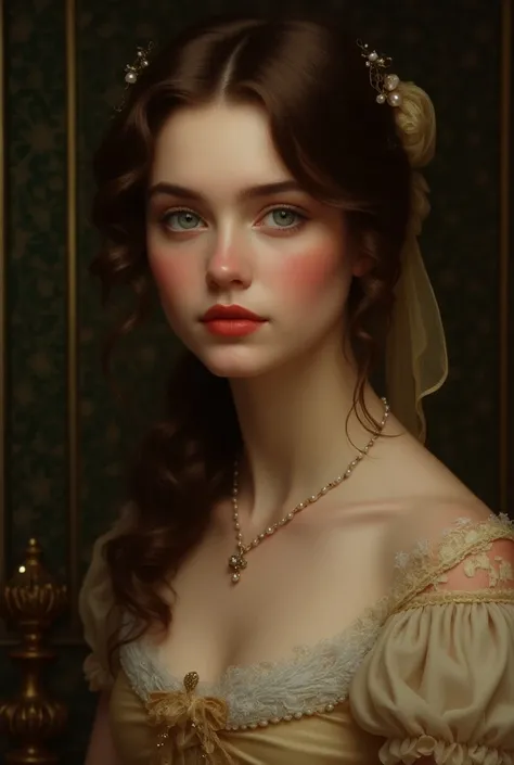 ((best quality, 4k, 8k, high resolution, masterpiece: 1.2), ultra-detailed, (realistic painting, photorealistic, photorealistic: 1.37), In the portrait of this charming nude French princess with full red lips and round face, wearing a single necklace made ...