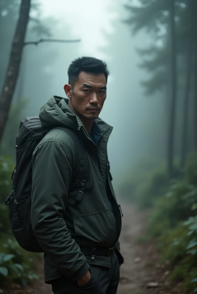 A realistic photograph of an Asian man with a distinguished, sharp face and piercing gaze standing on a misty mountain trail surrounded by deep forest trees. Wearing sturdy hiking clothes, his posture oozes confidence and mystery. His expression is calm ye...