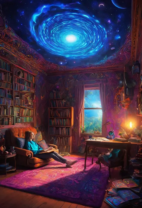 psychedelic art (drdjns style ), (ren_book_ illustration style ),  a  is daydreaming in the room ,  imagining all kinds of magic...