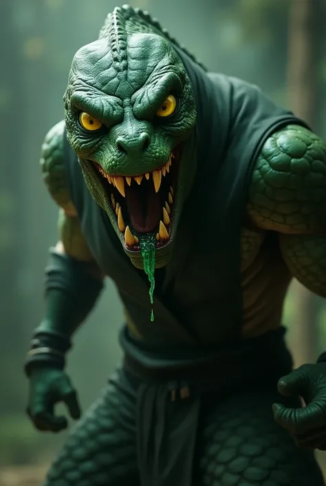  Mortal Kombat reptile in a threatening pose ,  highlighting his reptilian features and costume dark green with flaky details. His skin has a reptilian texture ,  with shades of green and bright scales ,  intense yellow eyes and sharp fangs showing .  He i...