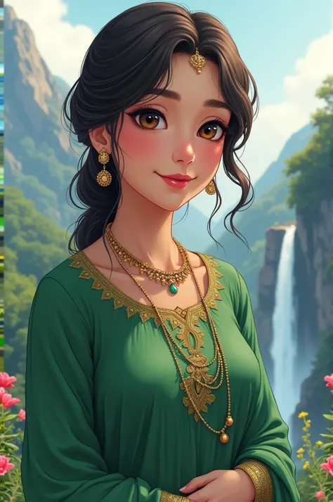 A dreamy art of a beautiful Anime girl,age 20 fair complexion,round puffy face shape, brown eyes with smokey makeup,pink lips,bit defined nose,has black mole under the left chin ,wears a green colour designer salwar kameez,full body , background is mountai...