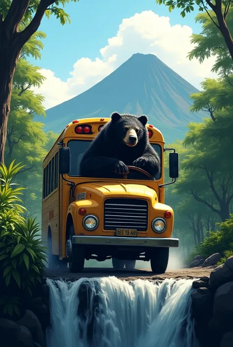 Touring bus driven by a sloth bear leaving the forest with the Arenal volcano and a waterfall in Costa Rica