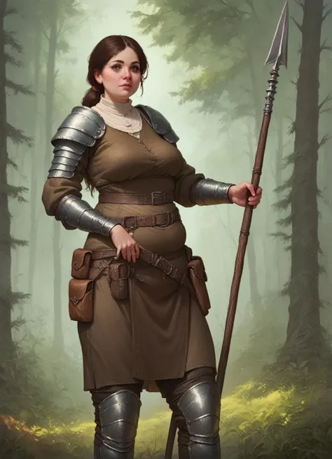 medieval clothing, holding spear, forest in background, brown cloth, belt with pouch, detailed face, leg armor, woman, chubby,
