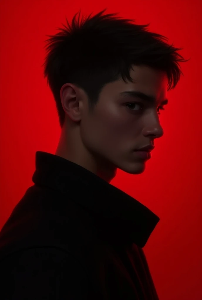 Side view of a 17-year-old boy dressed in black with a red background