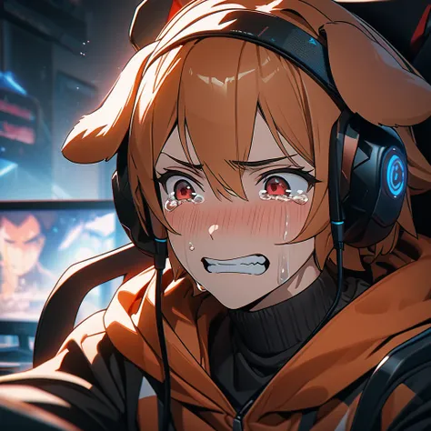 (( high quality,最 high quality,8k, best image quality)),Male 1, orange hair, turtleneck hoodie, Red Eyes, gaming chair ,During the game,The line of sight is this,Dog ears,Close-up of face,Crying face,tears