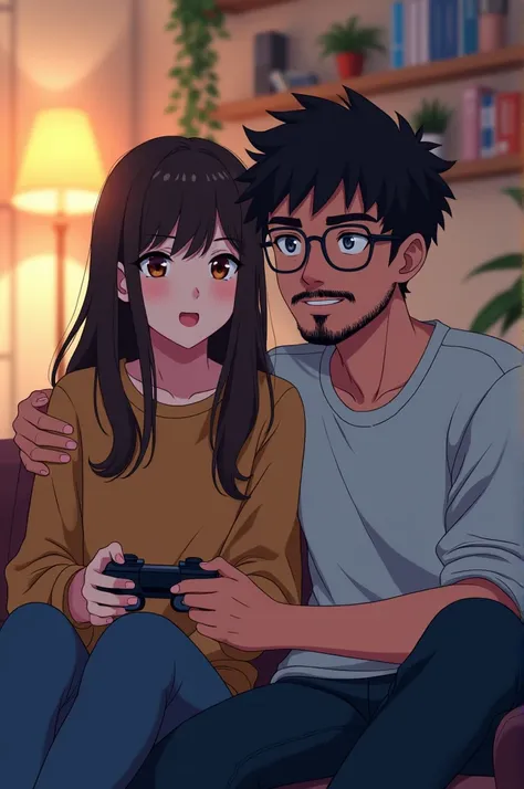 anime, Casal gamer,  the woman is white with long dark brown hair as well as her eyes , and wears casual clothes ,  the man is brown with short and curly black hair as well as his eyes,  wears glasses and has a beard , and wears casual clothes , 