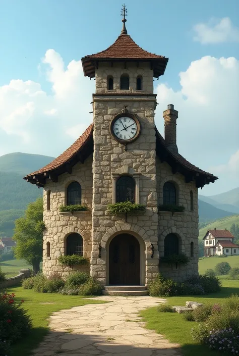 Yarim daireli ,The stone house has a round clock on top of the house