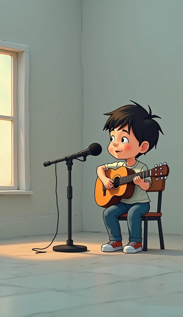 A small boy is sitting on a chair, he has a guitar in his hand, he is singing something into the mic, he is sitting in a room, he is all alone