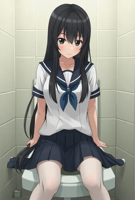 slightly open skirt, 1girl, black eyes, school uniform, long hair, black hair, in the restroom, sit the toilet, light, skirt, from below, shame, shy, student, 4K, school, bright, white stockings, shameful, black panties, spread legs, wearing thin skirt