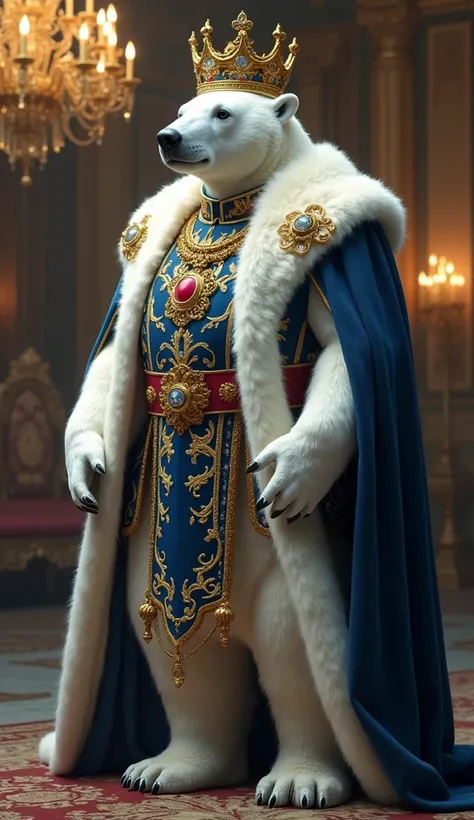  Imagine a polar bear in an anthropomorphic form ,  with an imposing posture and a snow-white coat ,  dressed in luxurious royal costumes .  She wears a heavy cloak of deep blue velvet ,  embroidered with gold and ermine details , that descends to the floo...