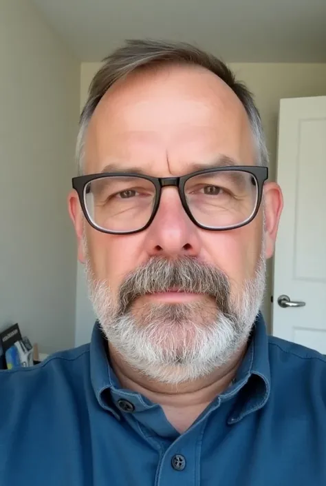 The image is a close-up selfie of a middle-aged man with a beard and mustache. He is wearing glasses and a blue collared shirt. He appears to be in a room with a white wall and a door in the background. The man is looking directly at the camera with a seri...