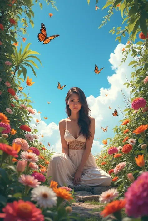  A woman wearing a one-piece balinese dress , she is sitting in a beautiful and beautiful flower garden. The sky is blue and there are many butterflies 