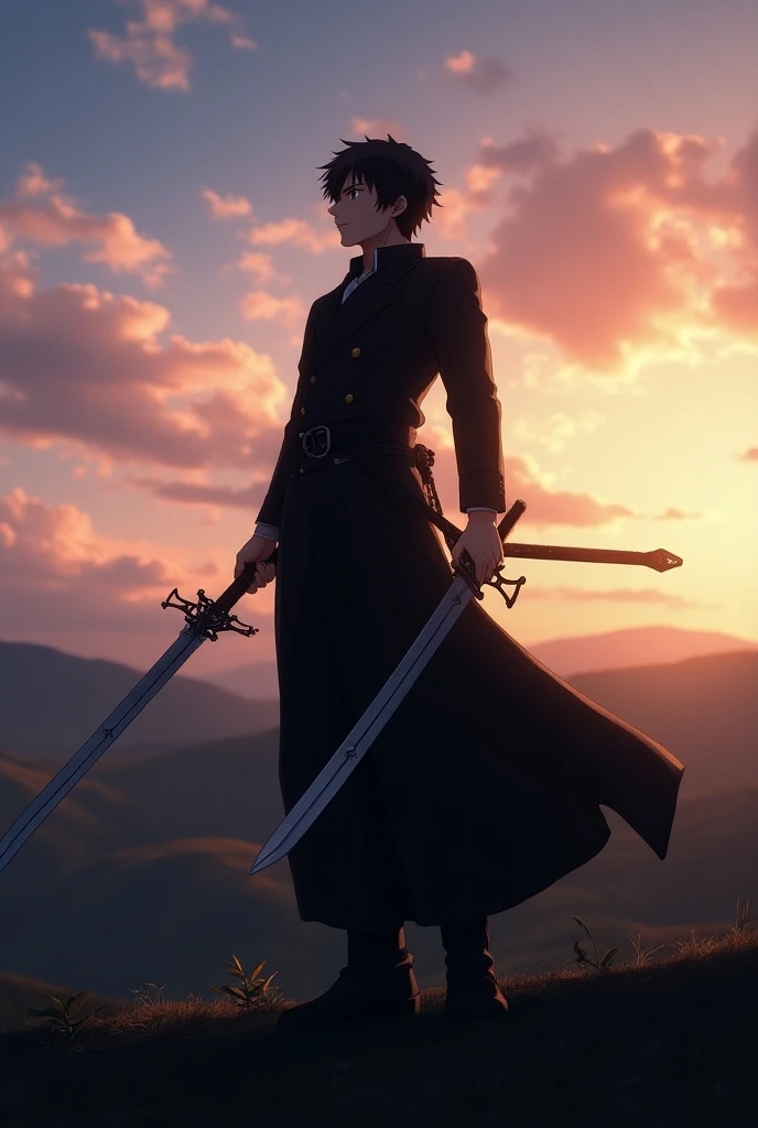 An image of Kirito with his two swords in his hand, the black one and the one made of ice, and his typical black suit on a hill looking at the sky in the middle of the evening. 