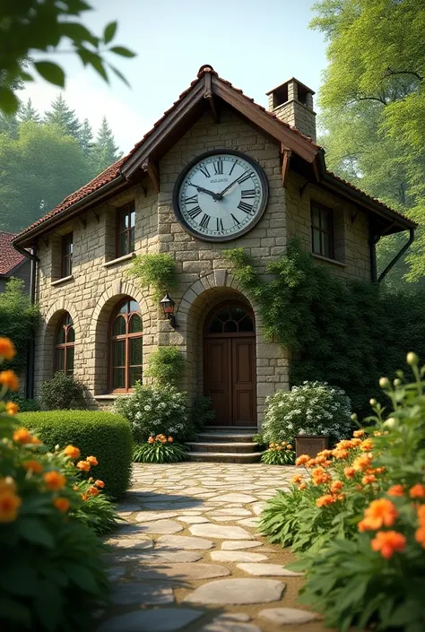  Stone house with a semicircle  ,The house has a clock on its side , a house with a garden and a garden