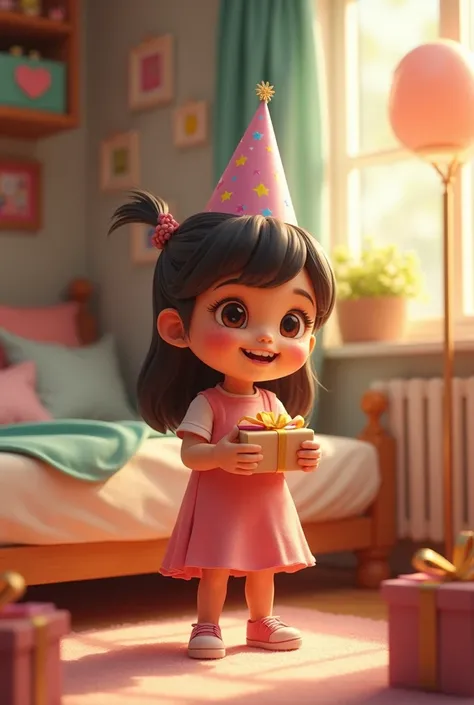 Create image of girl waiting for her birthday of s in cinematic 3d cartoon style 