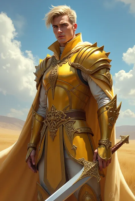 Create magic the gathering style a man with a smooth and handsome face with an imposing posture with short straight gold hair with shimmering blue eyes wearing beautiful and elegant gold armor with shiny ornaments holding a thin pointed sword shining gold ...