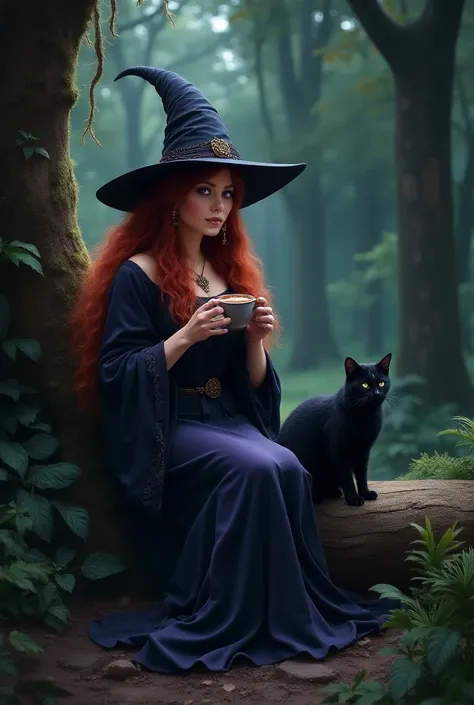 A beautiful witch, Long red hair, Purple eyes, She sat next to a black cat, She was drinking tea in a forest, The forest has many ancient trees, There are spirits around 