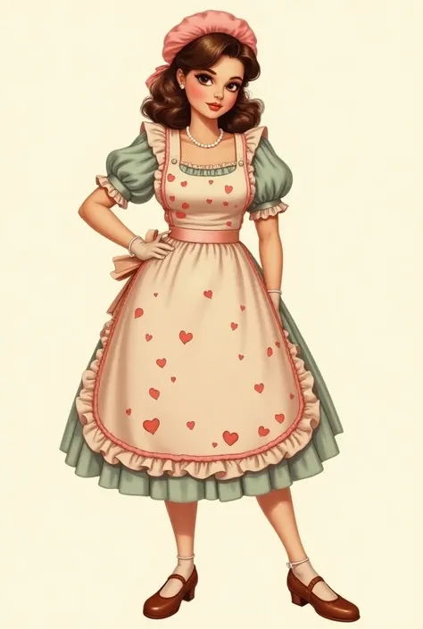  Pinup drawing of the front  ,  full body , womens size M ,  with round face with brown hair and big slanted eyes  , pastry bag with apron and hat with heart print and pastel colors 