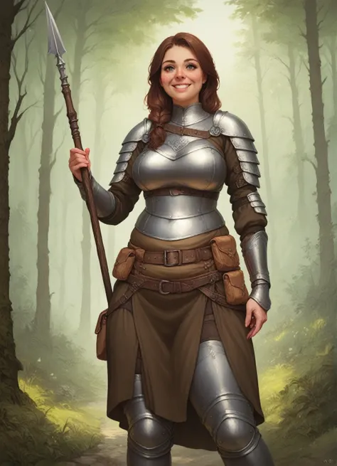 medieval clothing, holding spear, forest in background, brown cloth, belt with pouch, detailed face, thigh armor, leg armor, woman, chubby, medieval pants, smile,
