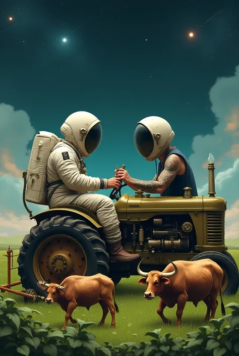 Astronaut and men Tatto artist soiling in the space background tractor with plough and 2 bulls, green farm