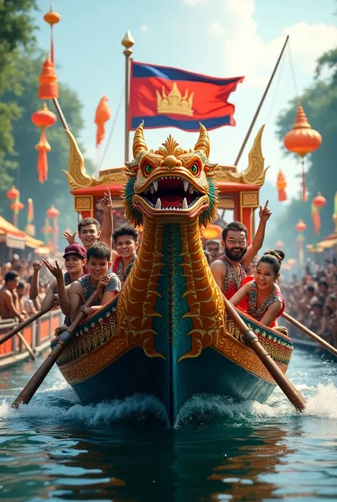 Make a water festival boat with a dragon head at the front. Im at the back of the boat have a flag of Cambodia. Have many people sailing it with many crowd cheer for it