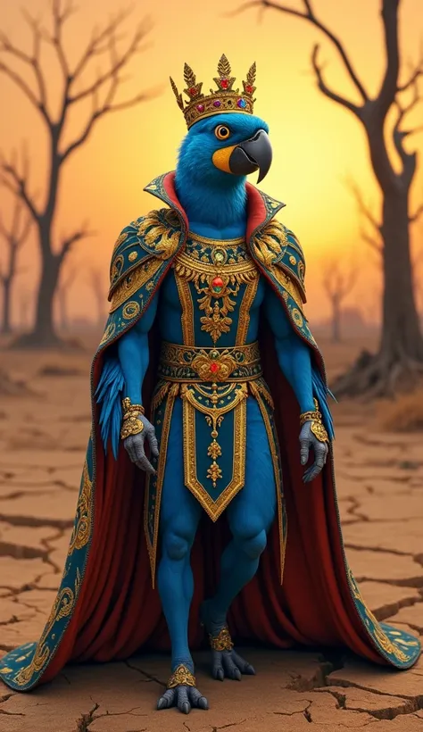  Create an image of a blue macaw in humanized form , dressed as a queen.  She must wear a royal robe with details in gold and vibrant feathers ,  and a gold crown with colored gemstones on its head .  The macaw is walking elegantly through a dry and arid l...