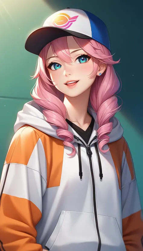 Create a detailed illustration of a virtual YouTuber (Vtuber) avatar. The character should be a youthful, stylish figure with an anime-inspired appearance. The character has large, expressive eyes that convey energy and charisma, with a unique hair color s...