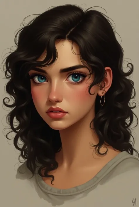 She has dark brown and curly hair that goes up to her shoulder she has blue eyes she has a serious face she has fleshy mouths she has a thin and straight nose her cheeks are chubby she has marked jaws she has no marked chin.