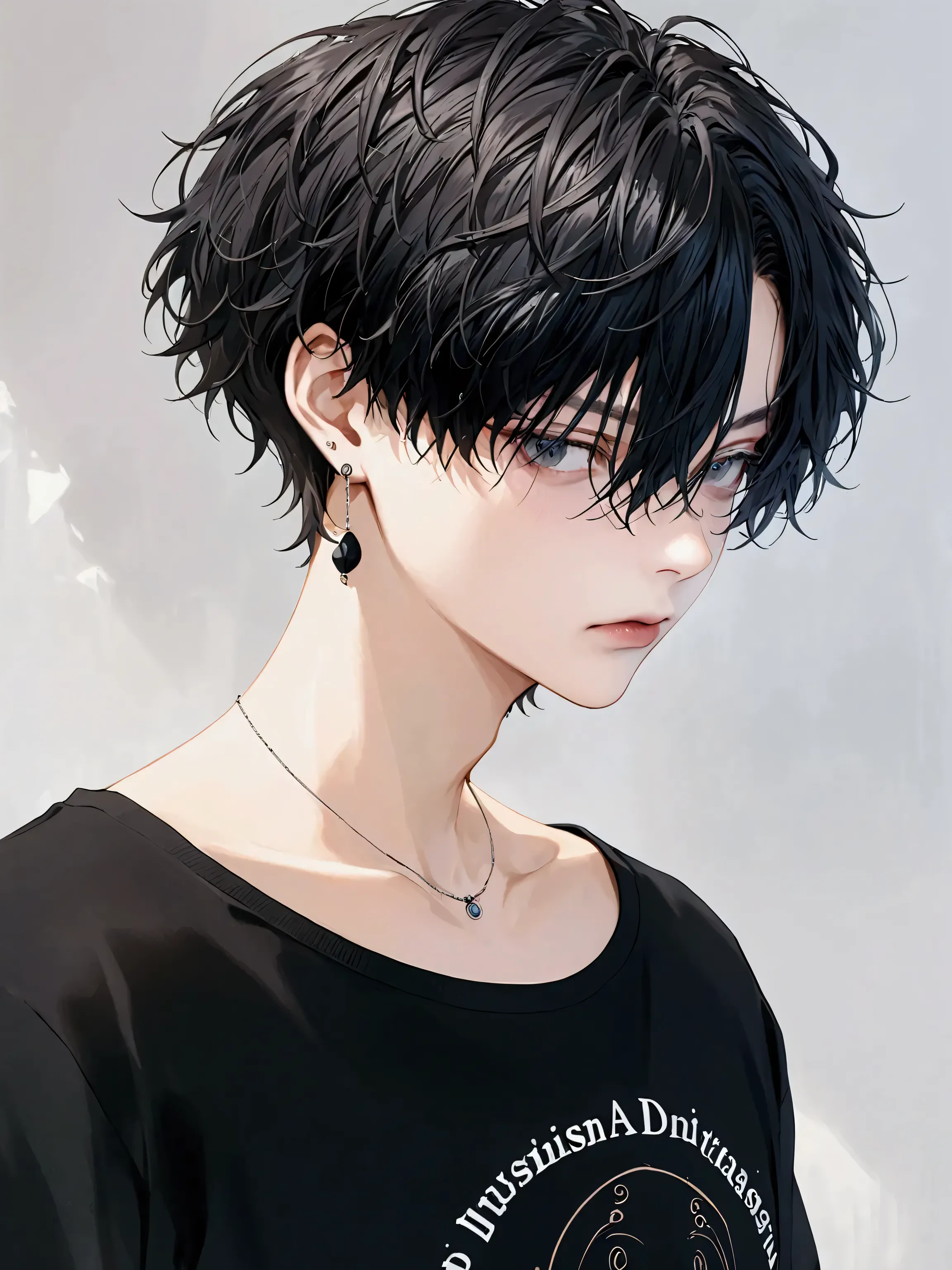 draw a mysterious young male anime character with short hair, dark and wavy.  the hair must have a textured cut , voluminous,  a...