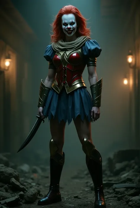 THE CHARACTER PENNY WISE FROM THE MOVIE IT BUT THE FEMALE VERSION HOLDING A KNIFE, WEARING THE ARMOR OF DC SUPERHERO WONDER WOMAN,  TERRIFYING EVENING SCENE IN A WASTELAND HOUSE WITH DIM ELECTRIC LIGHTS
