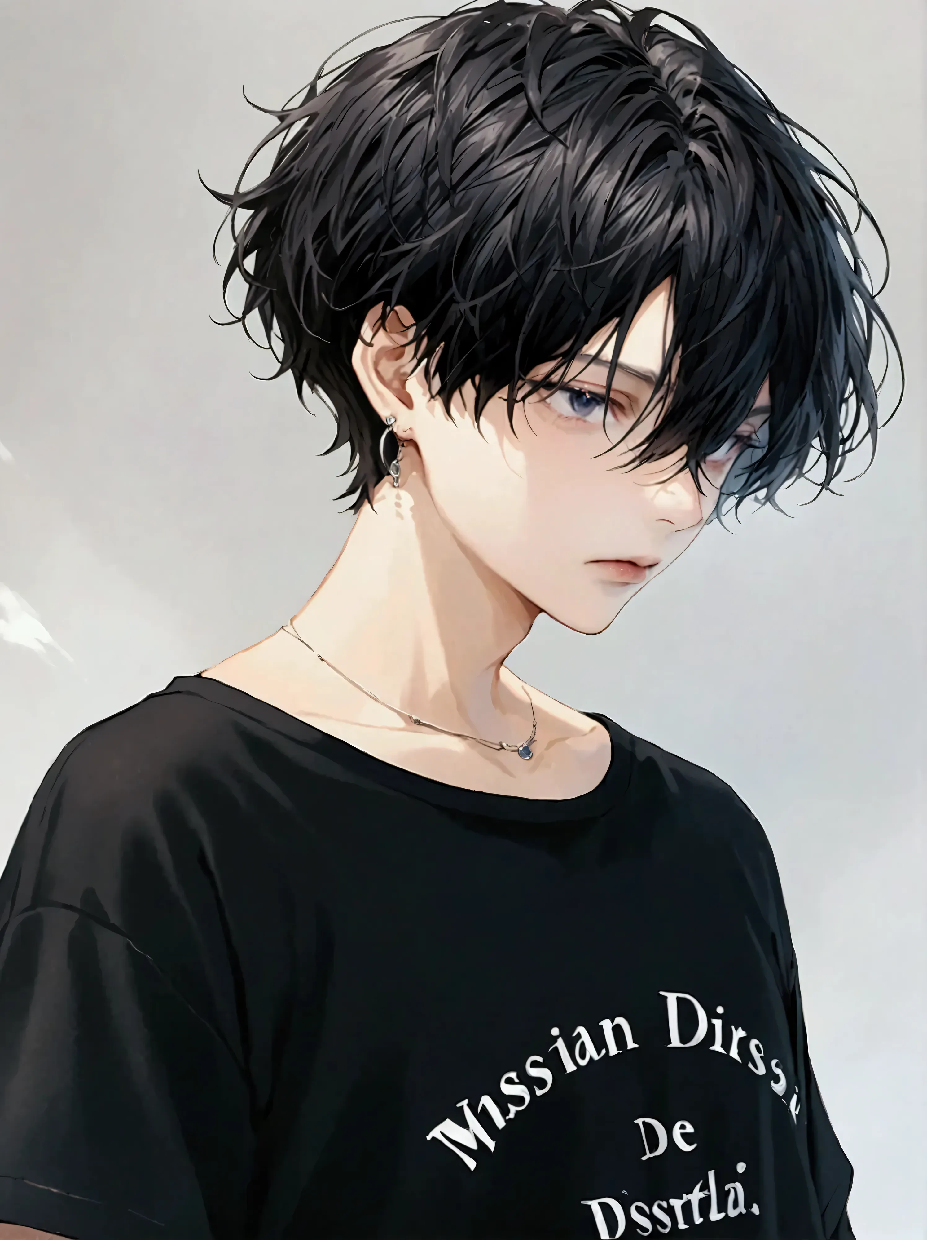 draw a mysterious young male anime character with short hair, dark and wavy.  the hair must have a textured cut , voluminous,  a...