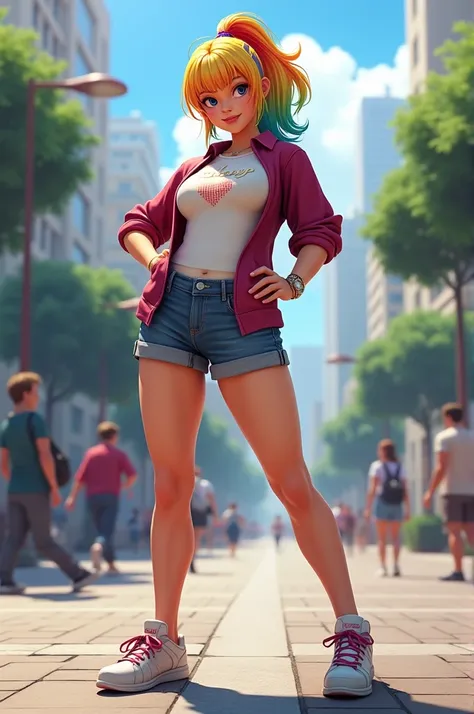 Rainbow Mika (Street Fighter V) com roupa casual.