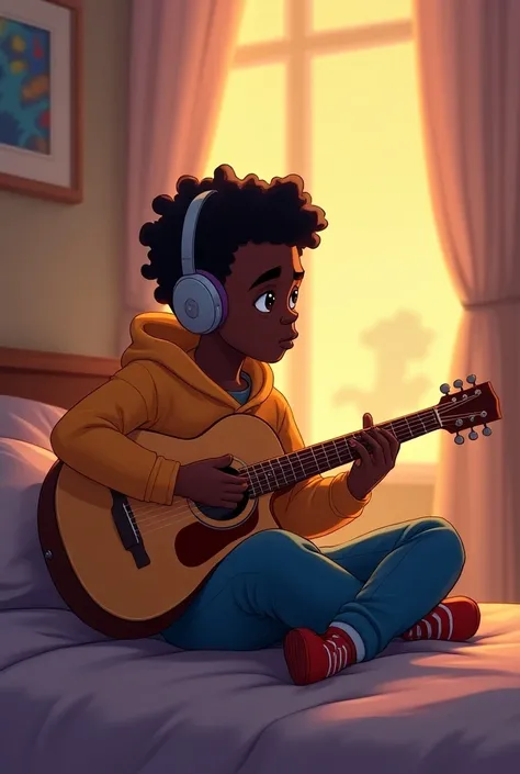 2D cartoon of a  black boy 
wearing hoodie and headphone  shitting  cross_leagged on her bed with a guitar in hand strumming  softly  while bathed in evening light