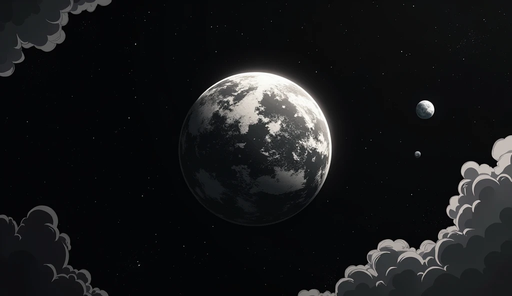  Generate an anime cartoon image, manga,   Black and White  , From planet Earth seen from space 