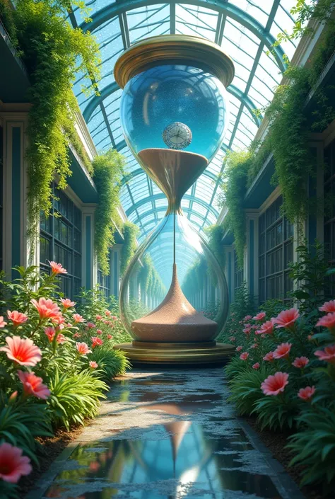 At the end of a bright alley with flowers of a greenhousethere is a huge hour between the branches of the daylily, there is a mirrored night under which there is a huge clock