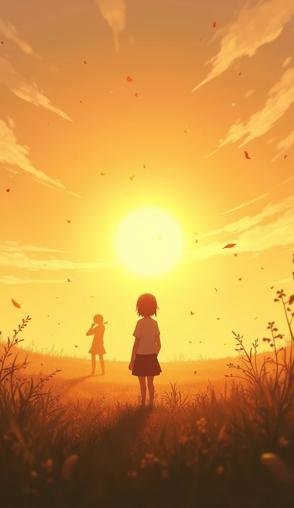 A nostalgic and tender scene that symbolizes the fleeting nature of encounters and the warmth left in the heart from cherished memories. The setting is an open, sunlit meadow at the golden hour, where the light creates a soft, warm glow, casting long shado...