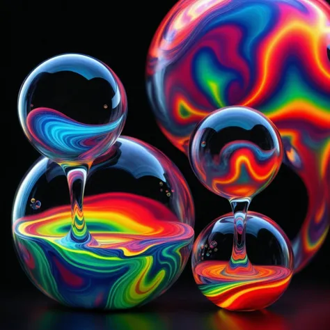 best quality 3d images of glass orbs and spheres pouring melted candy colours from one glass orb into another, shimmering glass ...