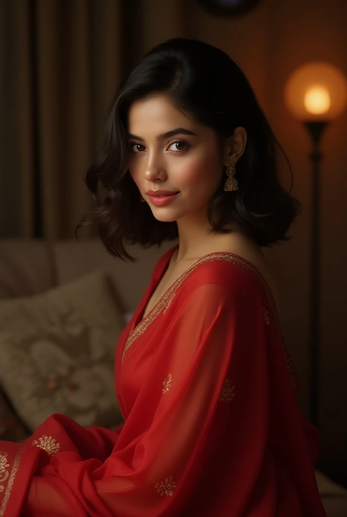 A beautiful girl with red eye pink lips medium hair nose ear chicks little bit red medium boobs big ass wearing red sari inside the room and showing dont show boobs while wearing sari