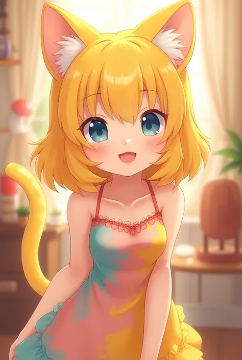 Neko happy blonde hair wearing dress booba size mid 