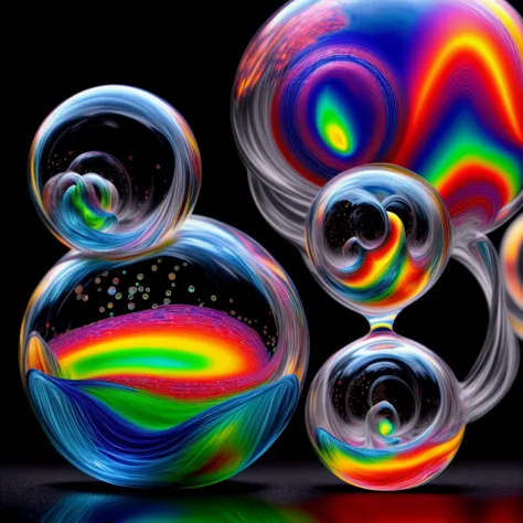 best quality 3d images of glass orbs and spheres pouring melted candy colours from one glass orb into another, shimmering glass ...