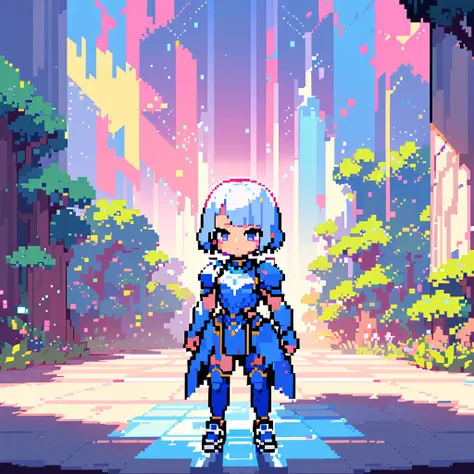 (masterpiece:1.5), best quality, very aesthetic, absurdres, pixel art, 1hero, male, short hair, light blue hair, bouncy bangs, blue armor, sneakers, standing, pixelated dungeon background, pixelated trees, bright sunlight, vibrant colors, centered composit...