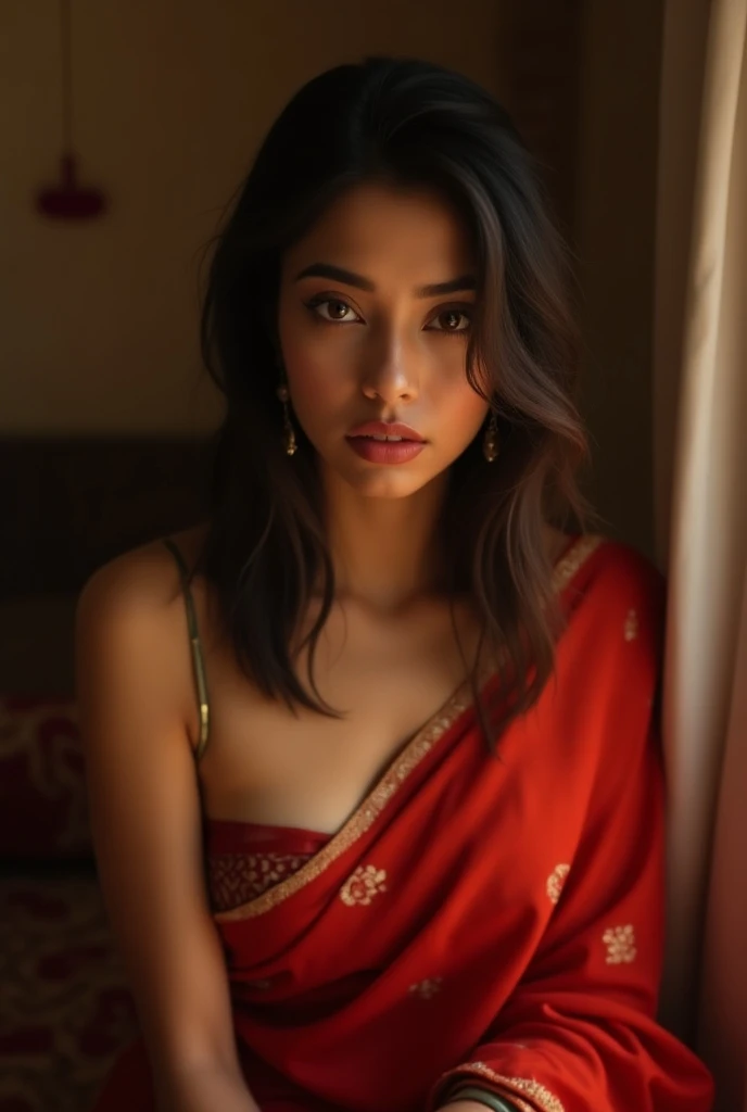 A beautiful girl with red eye pink lips medium hair nose ear chicks little bit red medium boobs big ass wearing red sari inside the room and showing dont show boobs while wearing sari