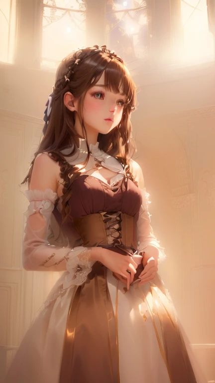 ( 1 girl:1.3), Cinematic Light, Alone, breast, lace-up bodice dress, Open chest,  silky long hair, (brown) hair, (masterpiece, Best Quality, Best Quality,  official art,  beautiful and aesthetic:1.3), Extremely detailed,Highest detail,(Super detailed),((  ...