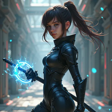 A fierce warrior while retaining her youthful features. She wears a sleek, futuristic black semi-samurai suit that offers her agility and protection, adorned with minimalist armor that enhances her movement and speed. The suit is designed from high-tech ma...