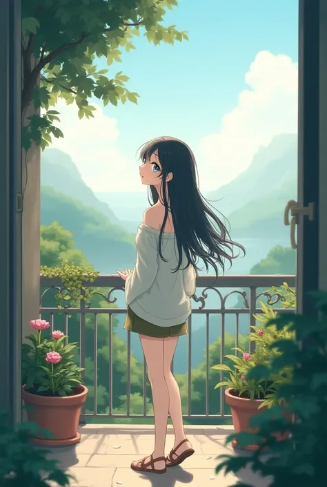 Generate me an image of a balcony with a girl waiting for someone (make it anime style)