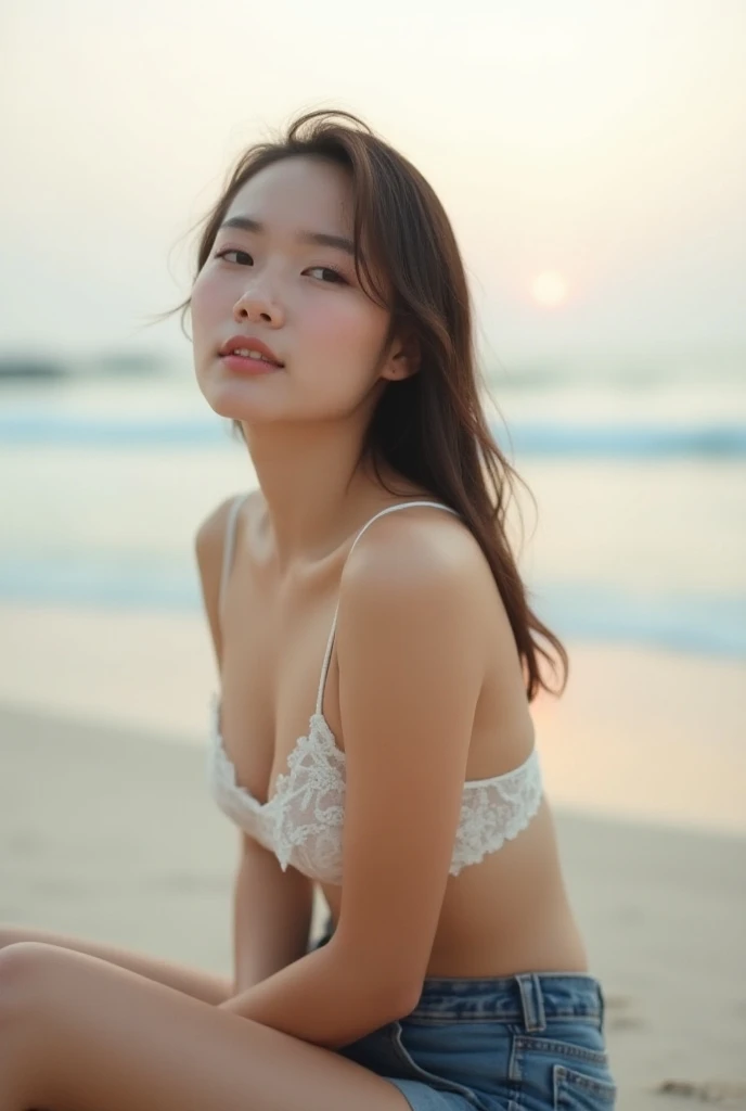 Thai women with lace bra and shorts denim sitting on beach, morning light, portrait, photography, soft, atmosphere