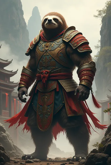 Muscular anthro male sloth, chinese warrior armor 