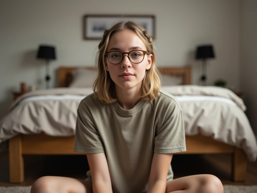 candid portrait photo, a woman, 18 years old, cute, blonde hair, short braids, round-rimmed glasses, oversize T-shirt, barefoot, sitting cross-legged in the bedroom,